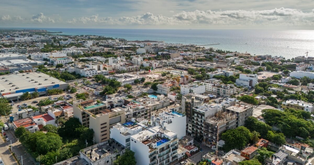 Drone,View,Of,Playa,Del,Carmen,Center,Area,With,Blue