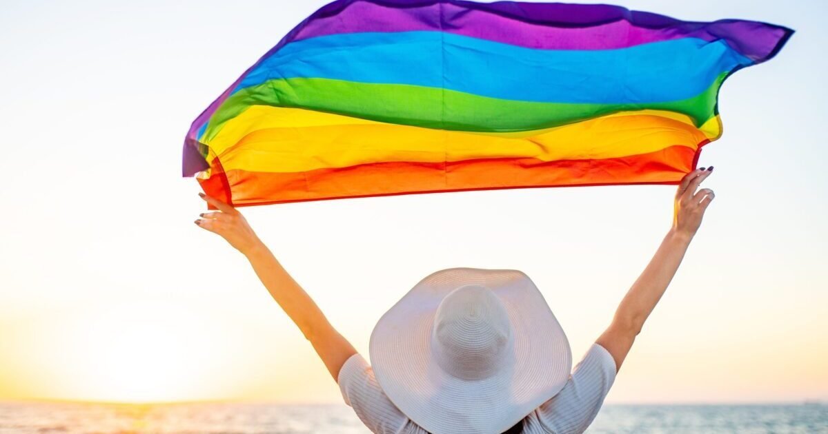 Woman,Waving,With,Rainbow,Flag,And,Hat,At,Sea,Beach Woman,Waving,With,Rainbow,Flag,And,Hat,At,Sea,Beach