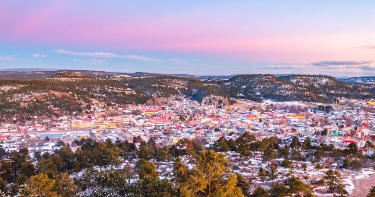 Town,And,Snowy,Mountains,At,Sunset,In,Creel,Chihuahua Town,And,Snowy,Mountains,At,Sunset,In,Creel,Chihuahua